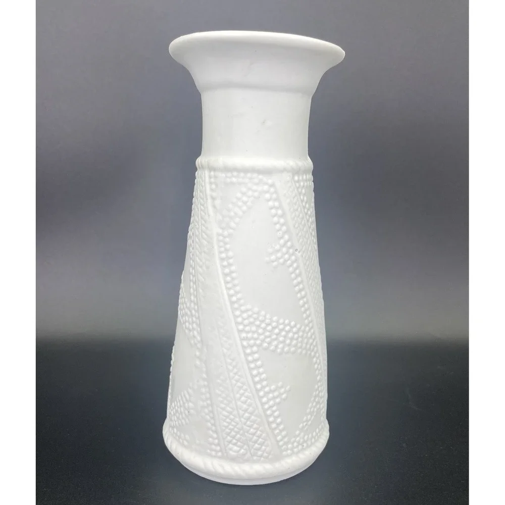 Vintage Ceramic White Vase with Roses/Gold Trim Matte /Glossy Glaze Textured